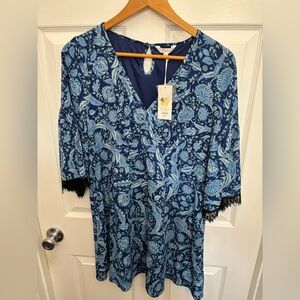 NWT Candie's Navy Blue Floral Boho Mini Dress w/Lace Trimmed Bell Sleeves, M